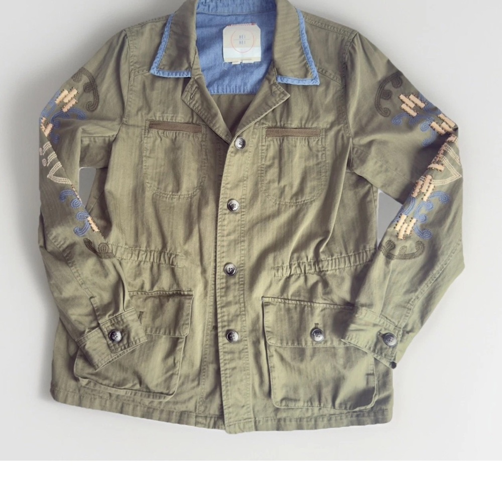 Anthropologie Olive Bomber Jacket with Embroidery